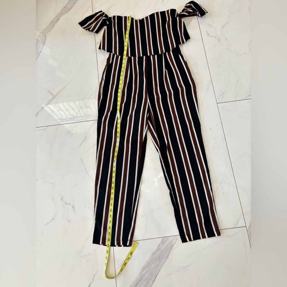 SHEIN Off-Shoulder Striped Jumpsuit in Black White & Brown - Picture 16 of 16